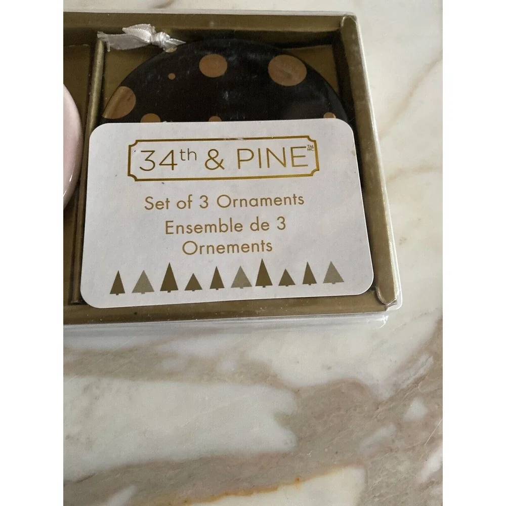 Ceramic Christmas Ornaments‎ Set of 3 Black Pink Gold Merry and Bright